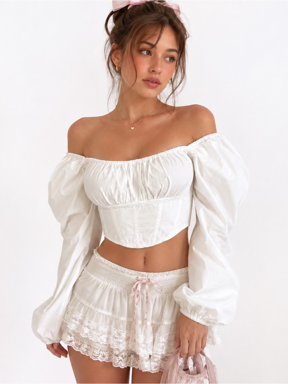Japna White Corset Puff Sleeve Crop Top Coquette Milkmaid Size S